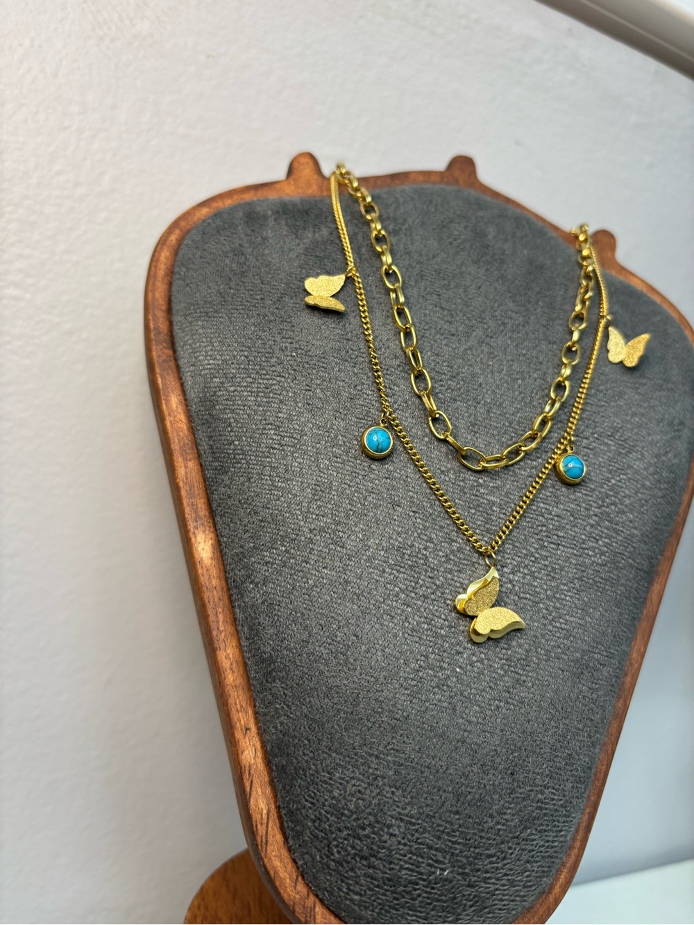 Gold Butterfly Layered Necklace with Turquoise Charm Accents - Picture 8 of 8